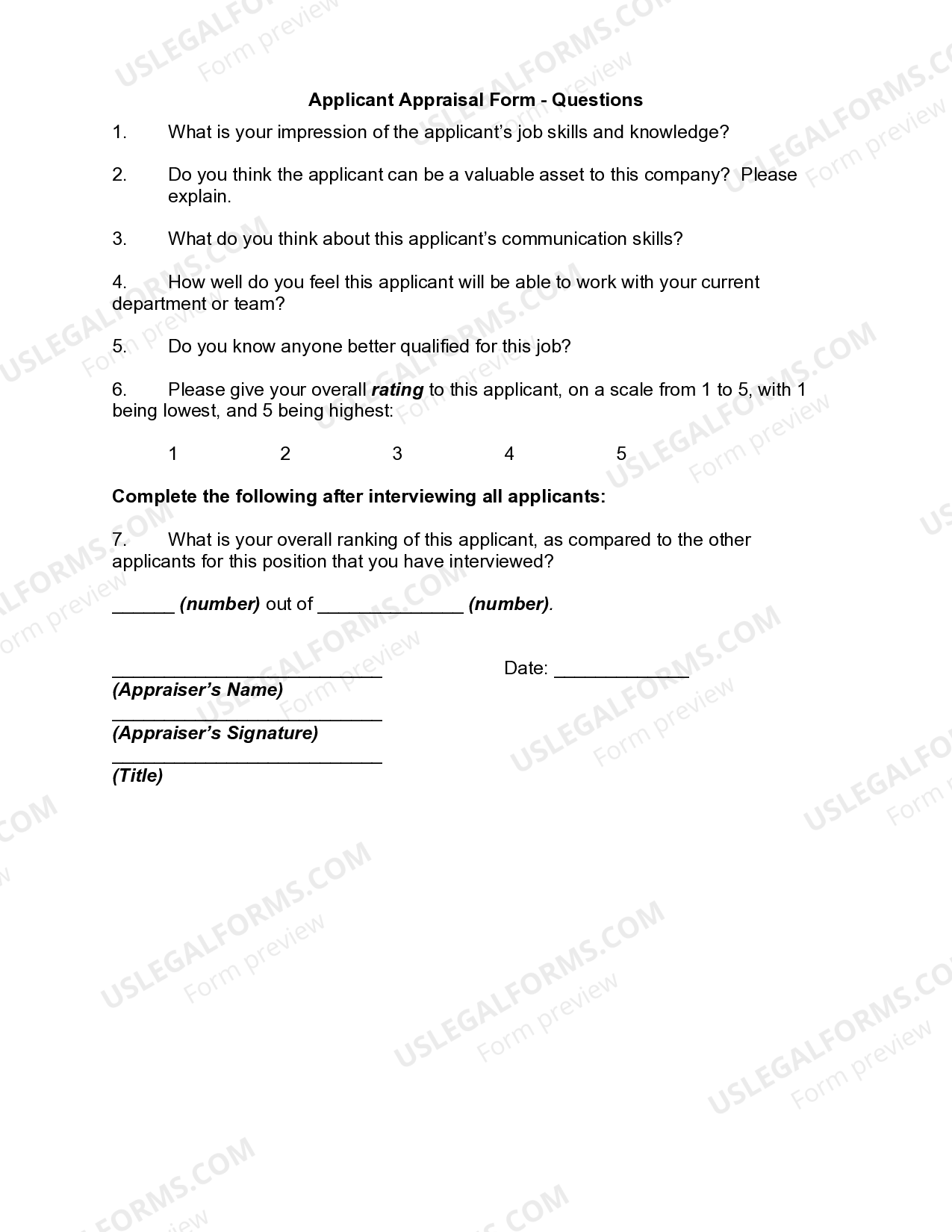 Louisiana Applicant Appraisal Form Questions Applicant Appraisal Form US Legal Forms