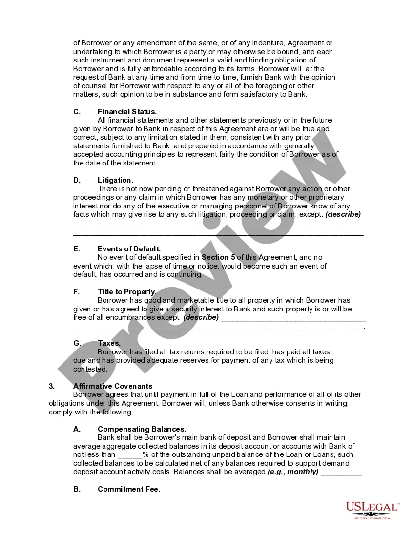 Preview Line of Credit or Loan Agreement Between Corporate or Business Borrower and Bank