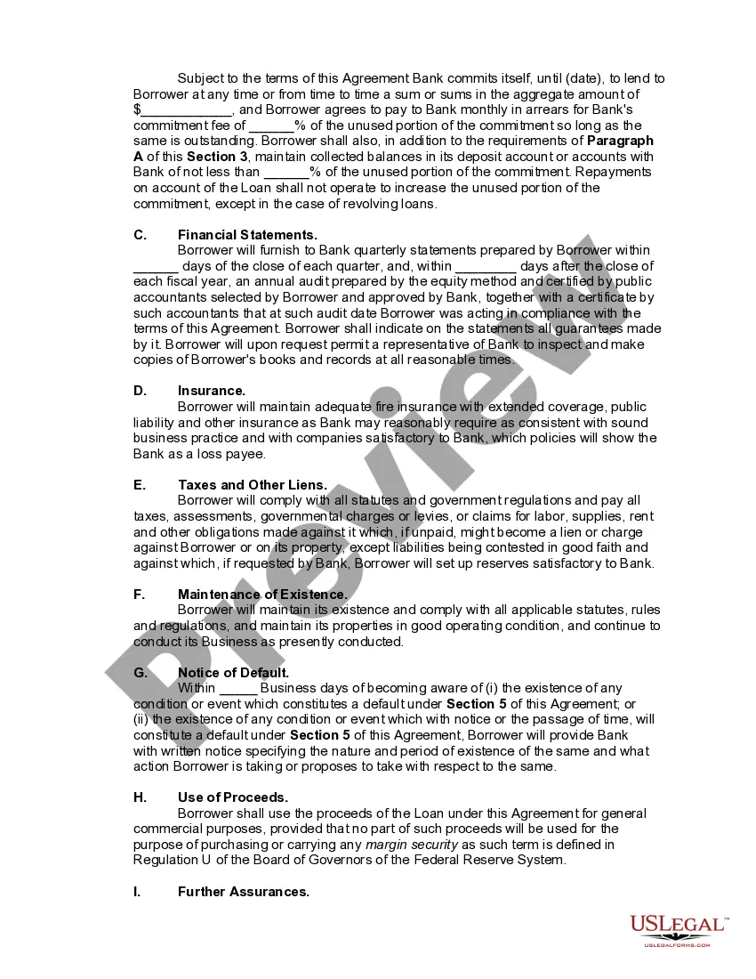 Preview Line of Credit or Loan Agreement Between Corporate or Business Borrower and Bank