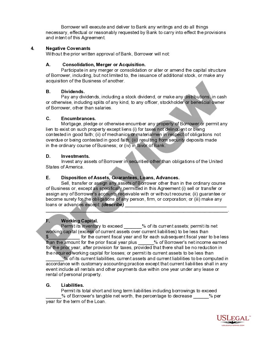 Preview Line of Credit or Loan Agreement Between Corporate or Business Borrower and Bank