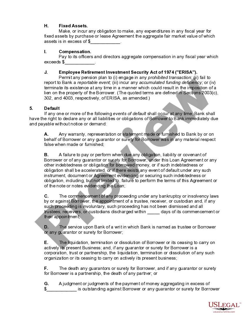 Preview Line of Credit or Loan Agreement Between Corporate or Business Borrower and Bank