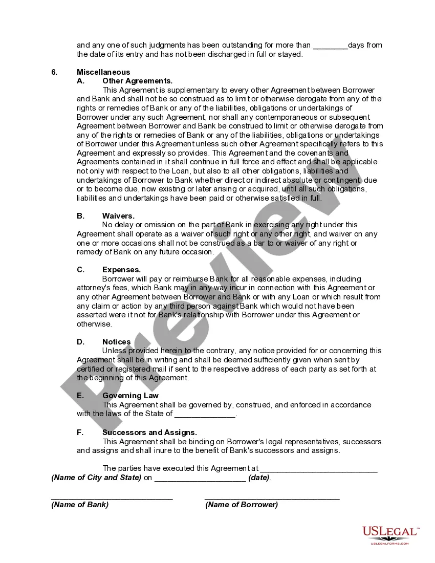 Preview Line of Credit or Loan Agreement Between Corporate or Business Borrower and Bank