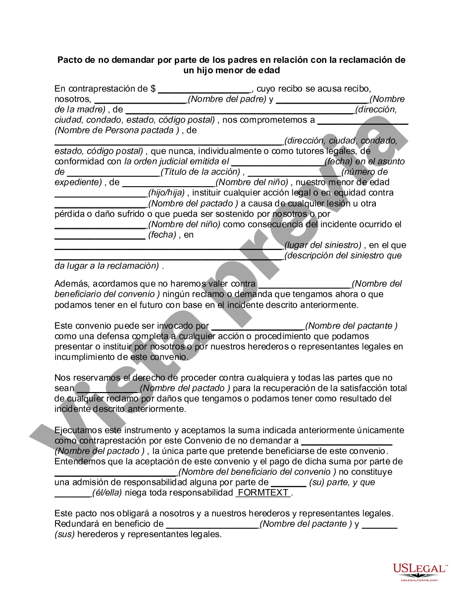 Nassau New York Pacto de no demandar de los padres con respecto a un  reclamo de su hijo menor de edad - Hijo Menor Edad | US Legal Forms