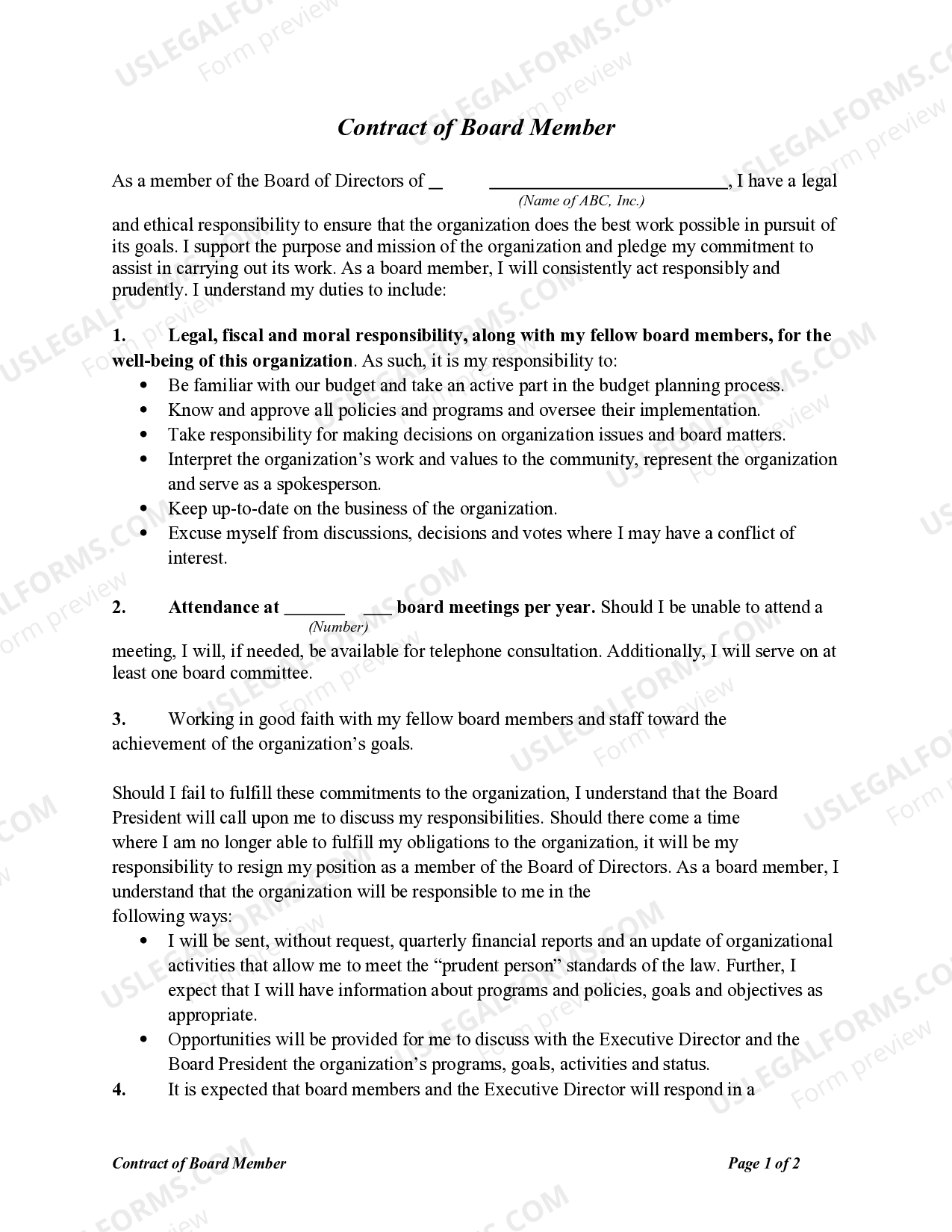 Contract of Board Member Contract Member Agreement US Legal Forms