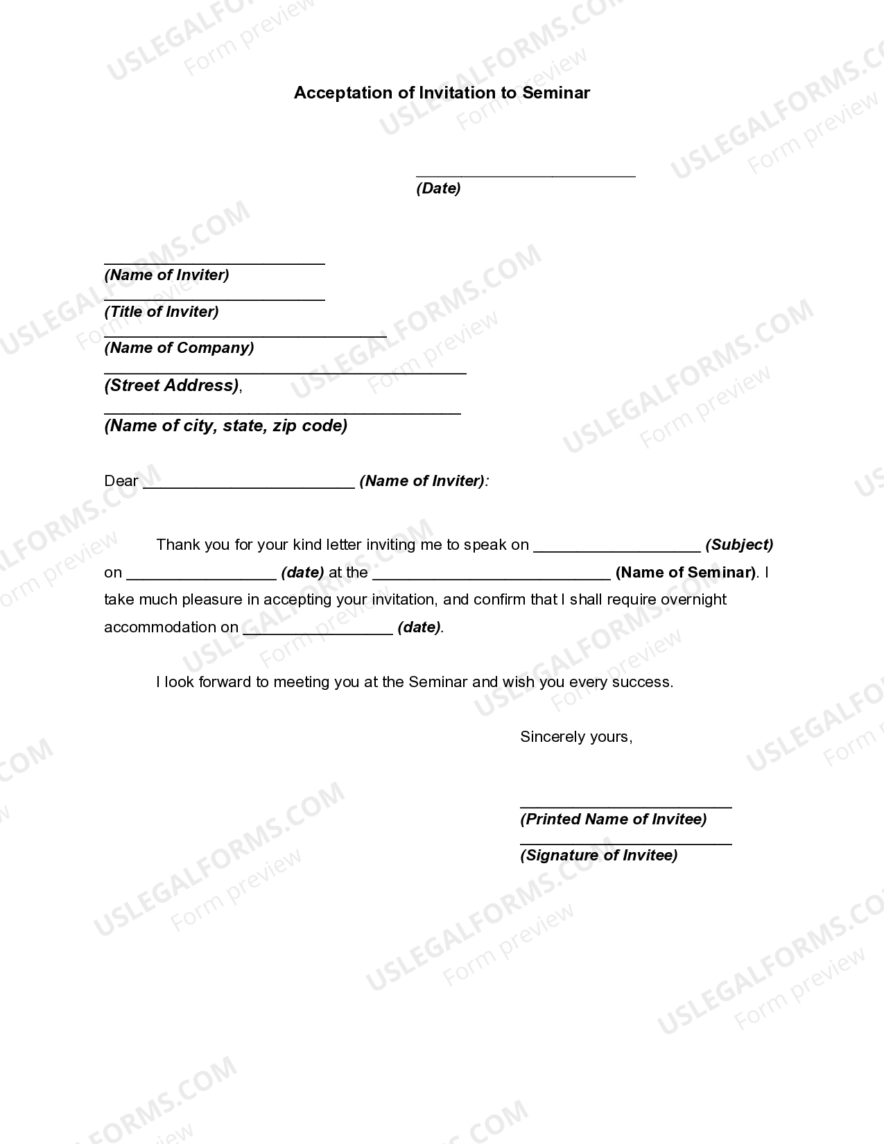 Montana Acceptation of Invitation to Seminar US Legal Forms
