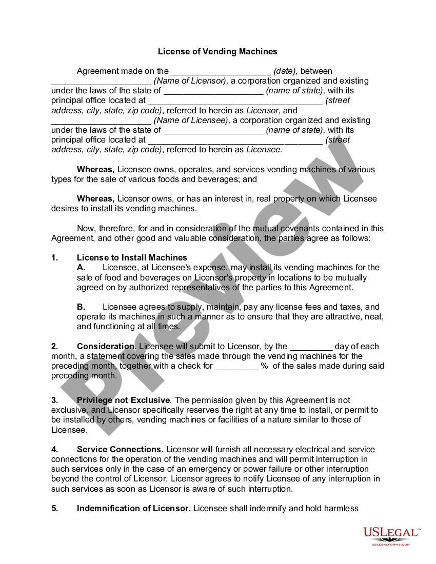 License of Vending Machines Vending Machine Contract Template US