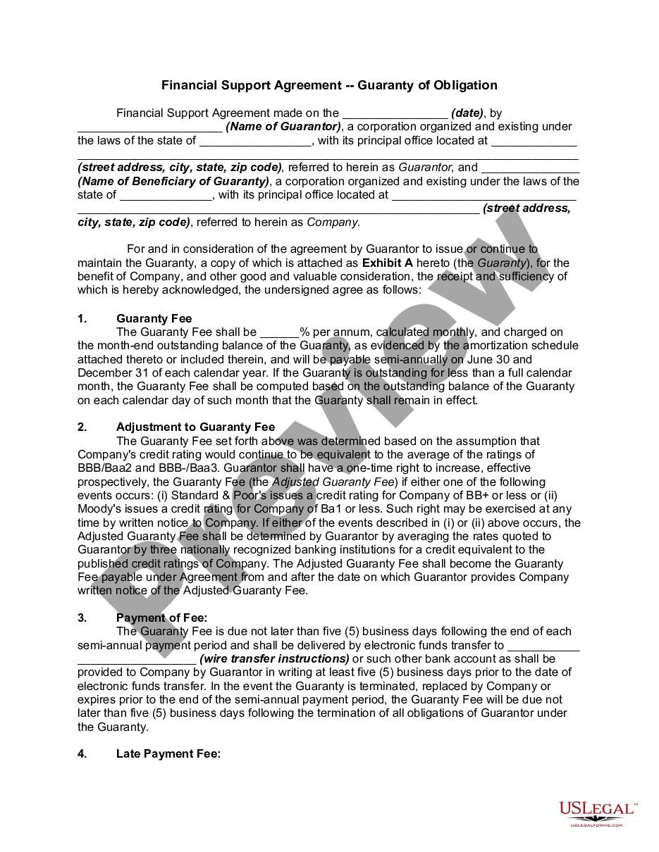 page 0 Financial Support Agreement - Guaranty of Obligation preview