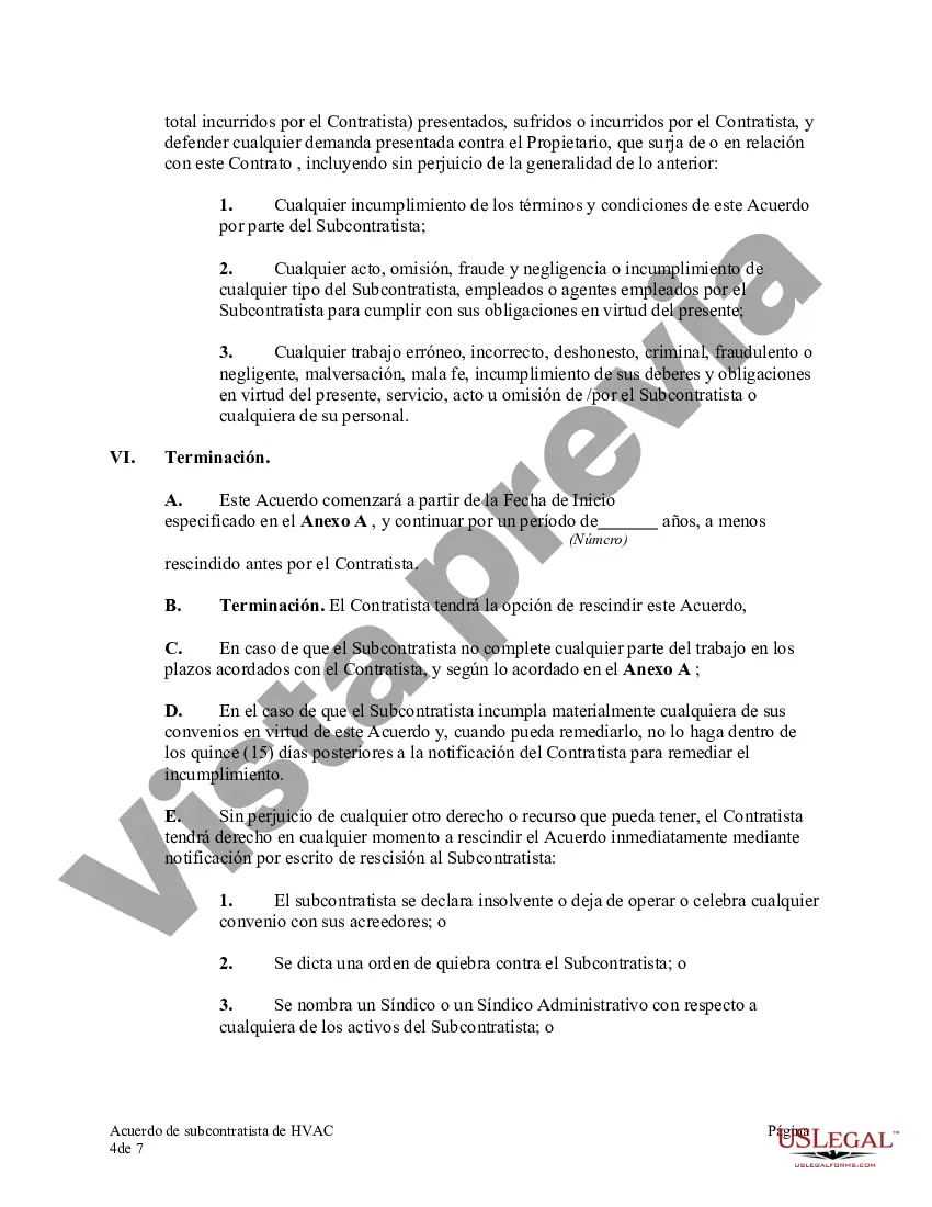 Preview Acuerdo de subcontratista de HVAC