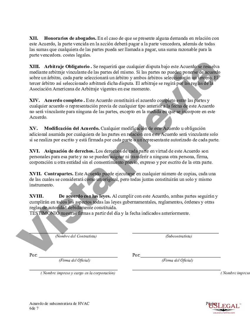 Preview Acuerdo de subcontratista de HVAC