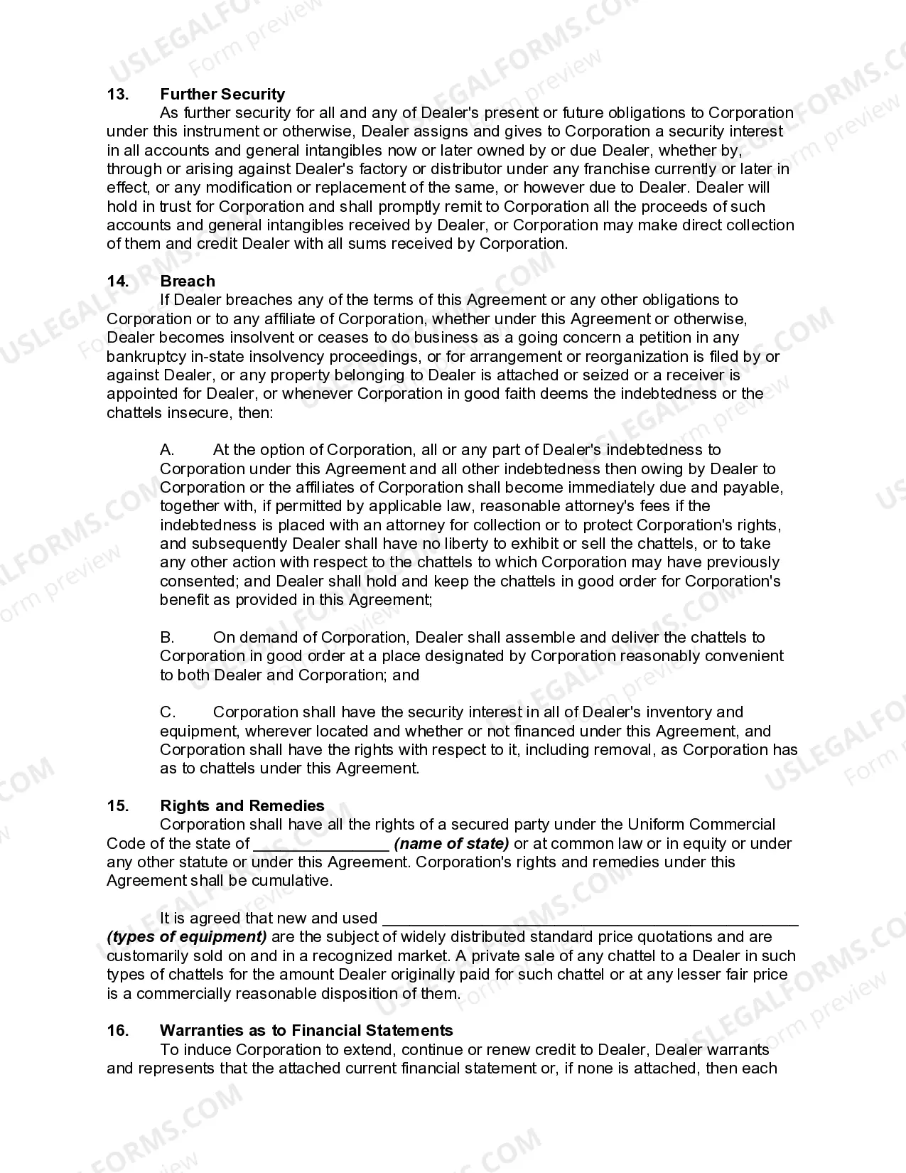 Preview Financing Agreement between Dealer and Credit Corporation for Wholesale Financing with Security interest in Accounts and General Intangibles