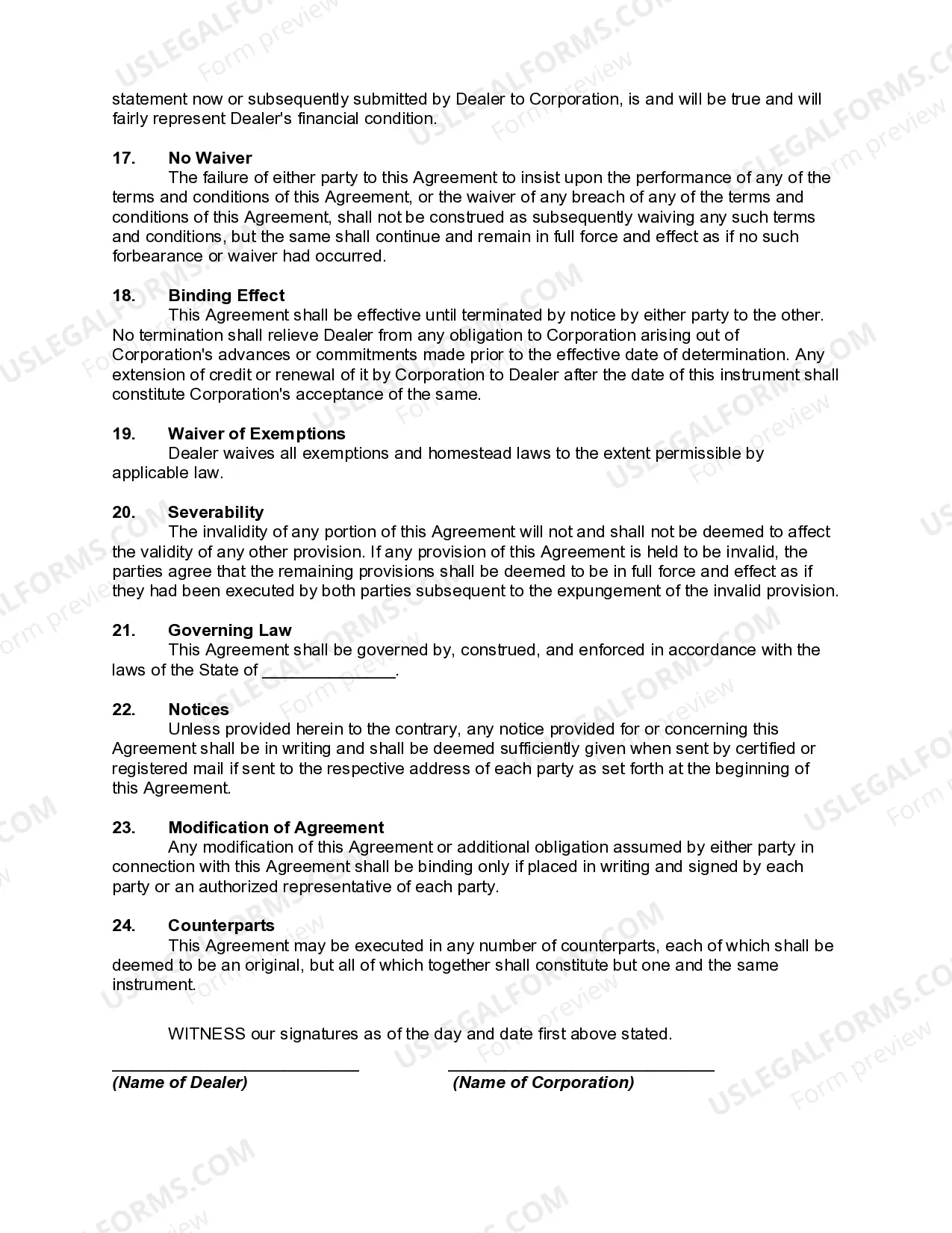 Preview Financing Agreement between Dealer and Credit Corporation for Wholesale Financing with Security interest in Accounts and General Intangibles