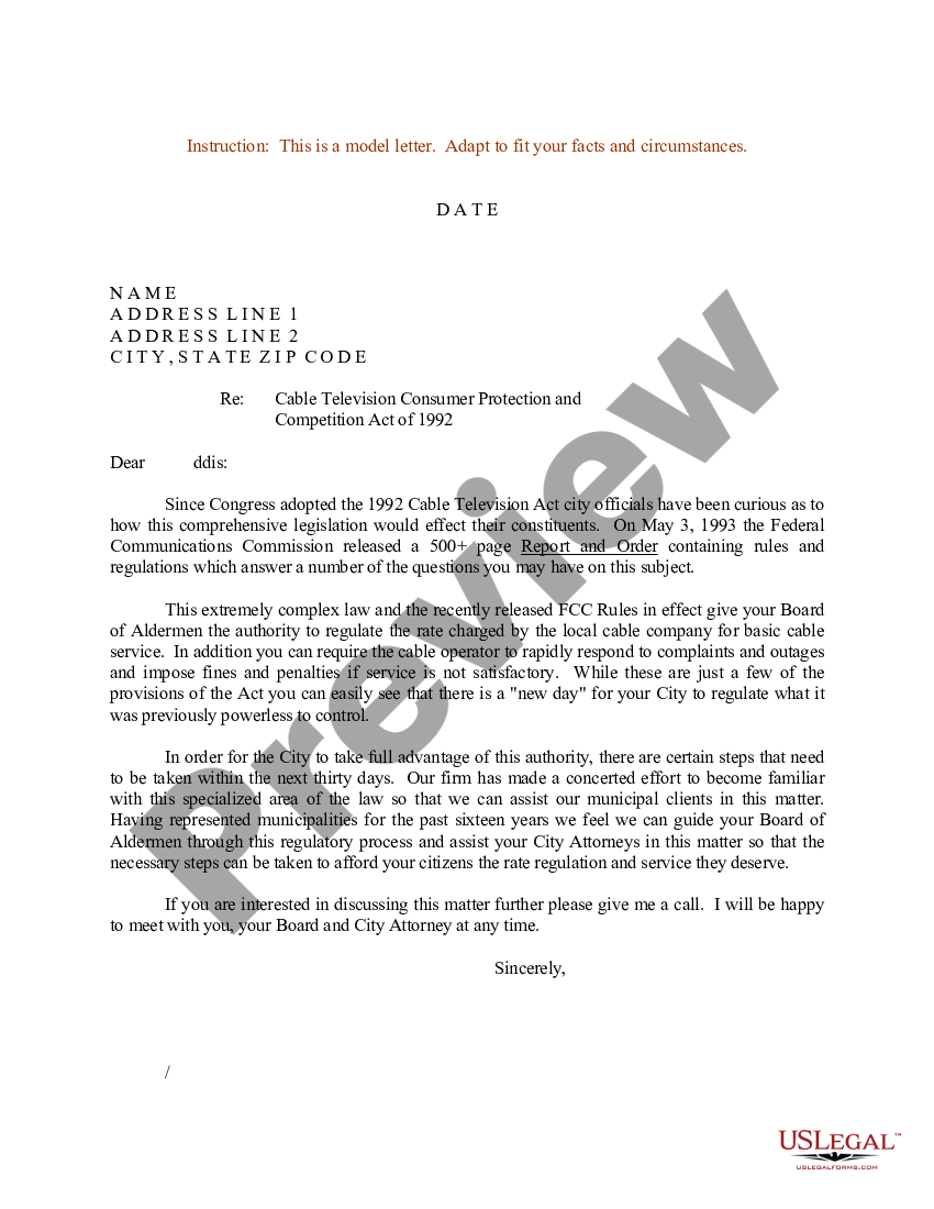 Sample Letter to Municipality regarding Cable Television Consumer ...