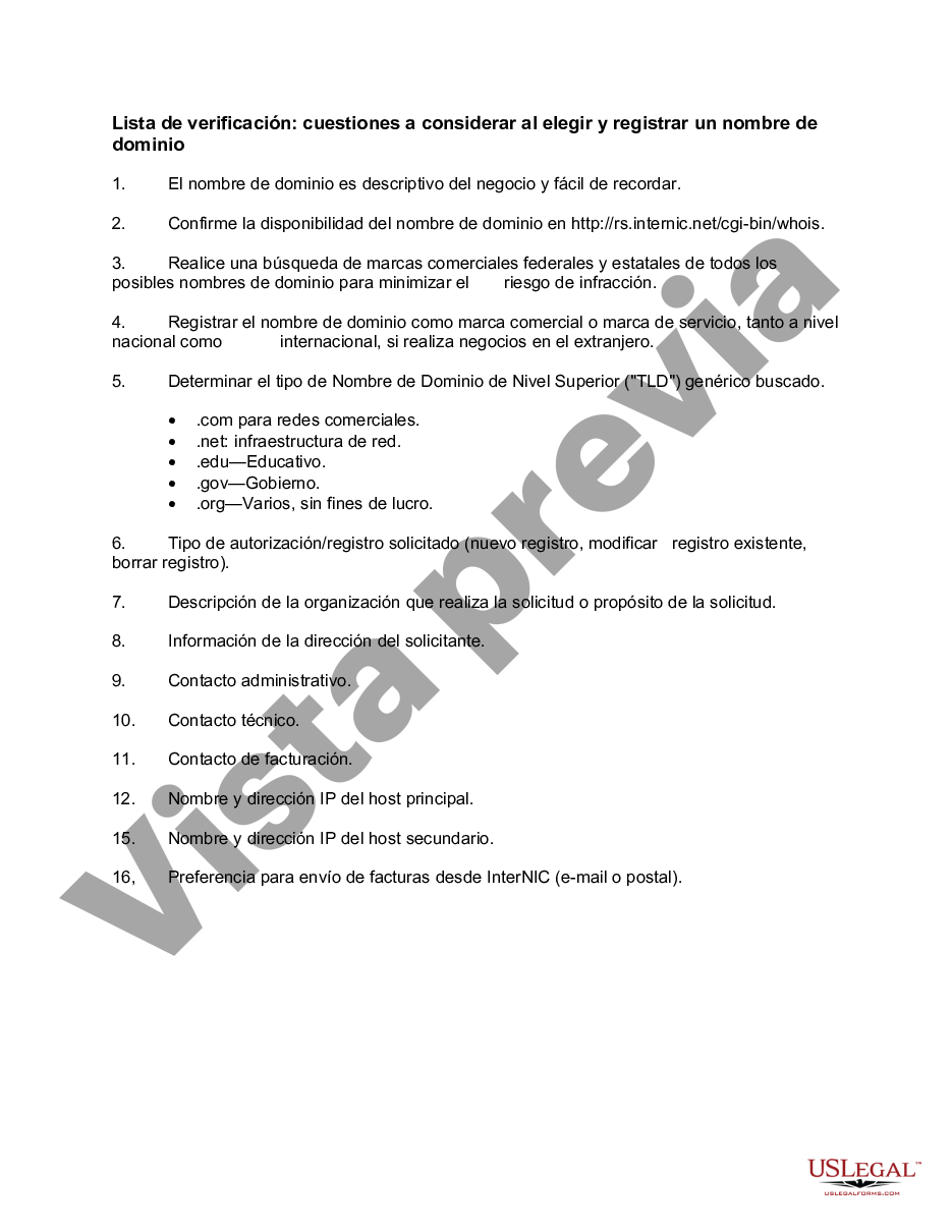 Lista De Verificación Cuestiones A Considerar Al Elegir Y Registrar Un Nombre De Dominio Us 5311