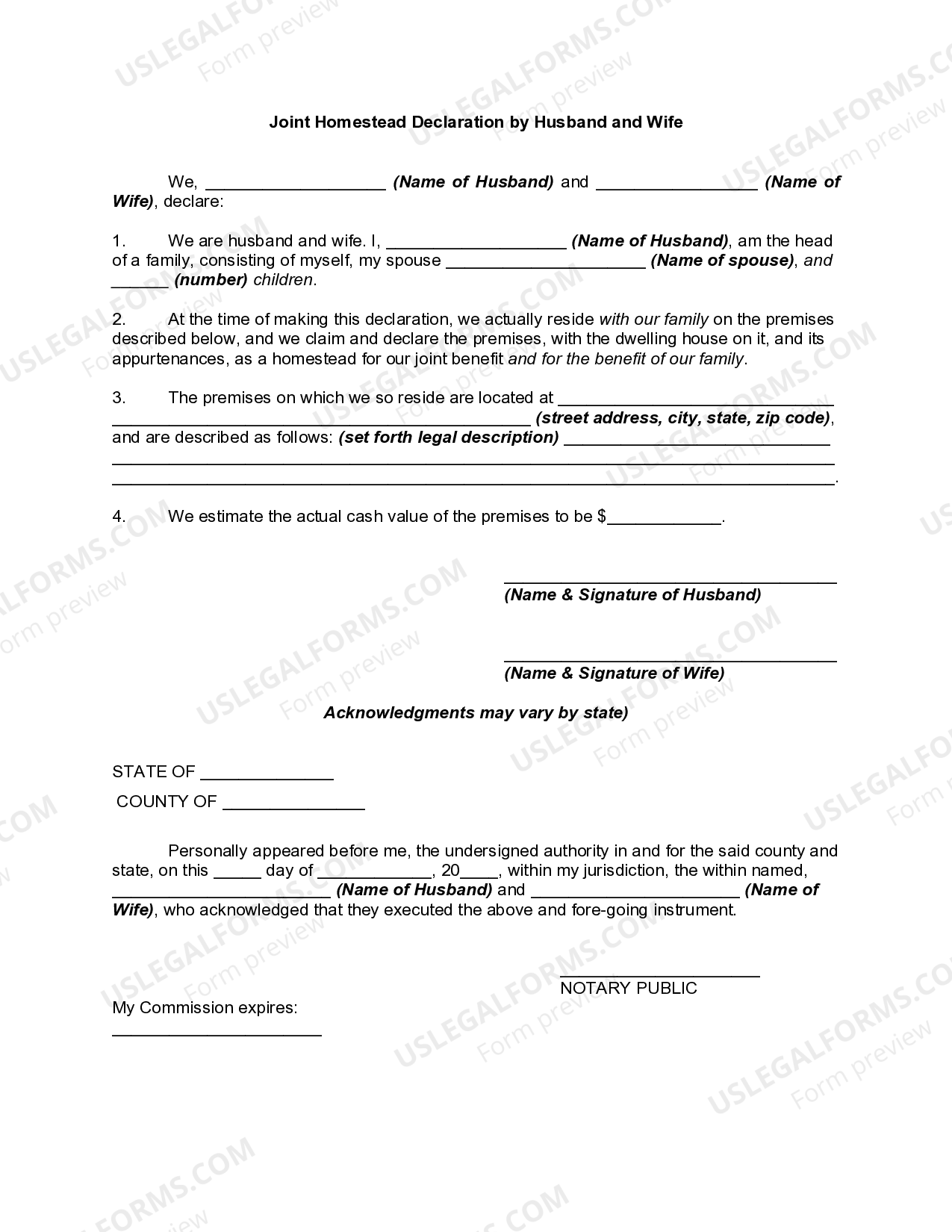 Maryland Joint Homestead Declaration by Husband and Wife Homestead