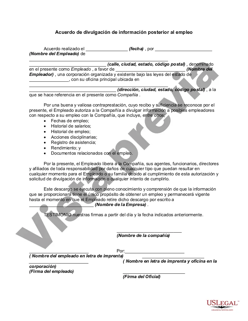 Preview Acuerdo de divulgación de información posterior al empleo