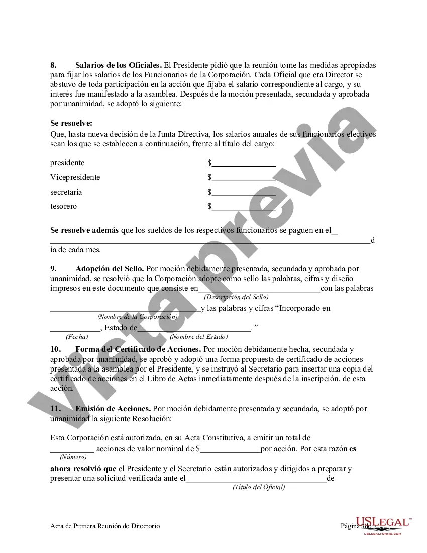 Preview Acta de Primera Reunión de la Junta Directiva de una Sociedad Anónima