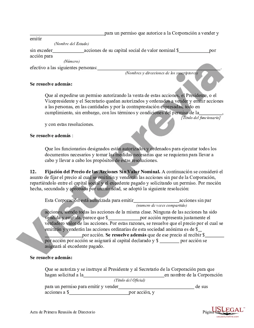 Preview Acta de Primera Reunión de la Junta Directiva de una Sociedad Anónima