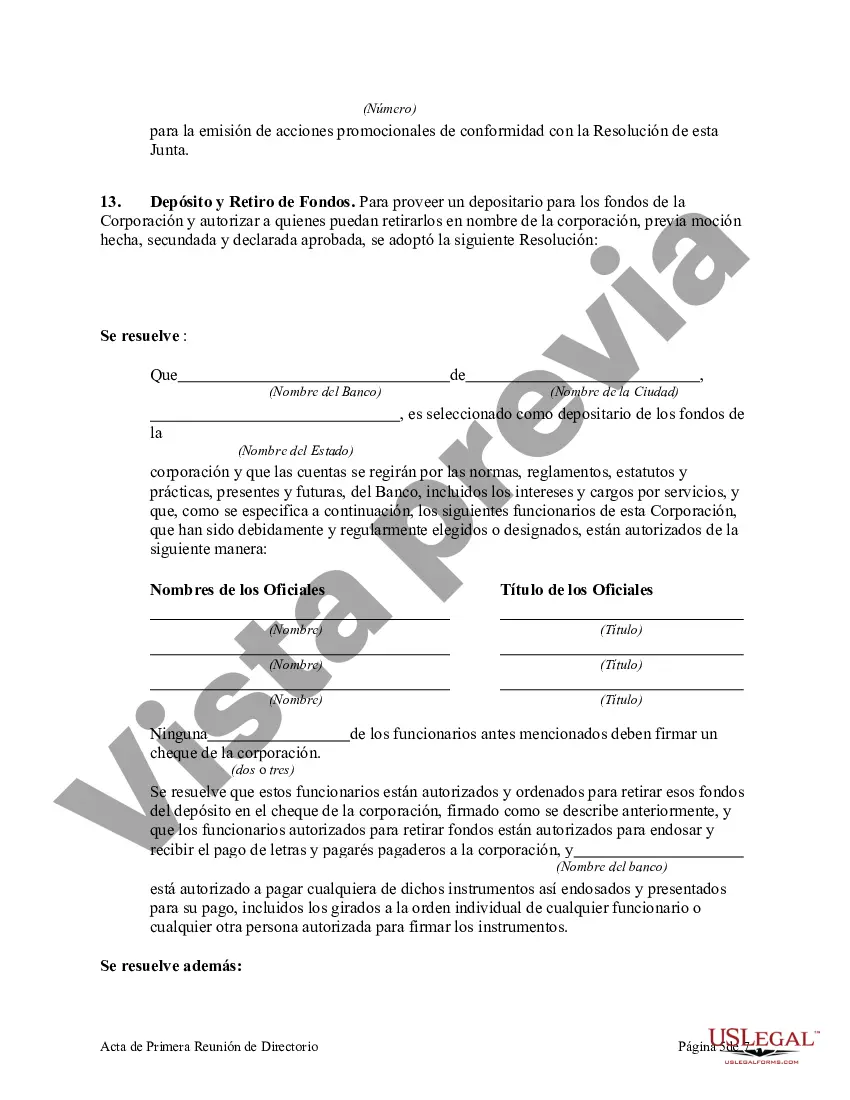 Preview Acta de Primera Reunión de la Junta Directiva de una Sociedad Anónima