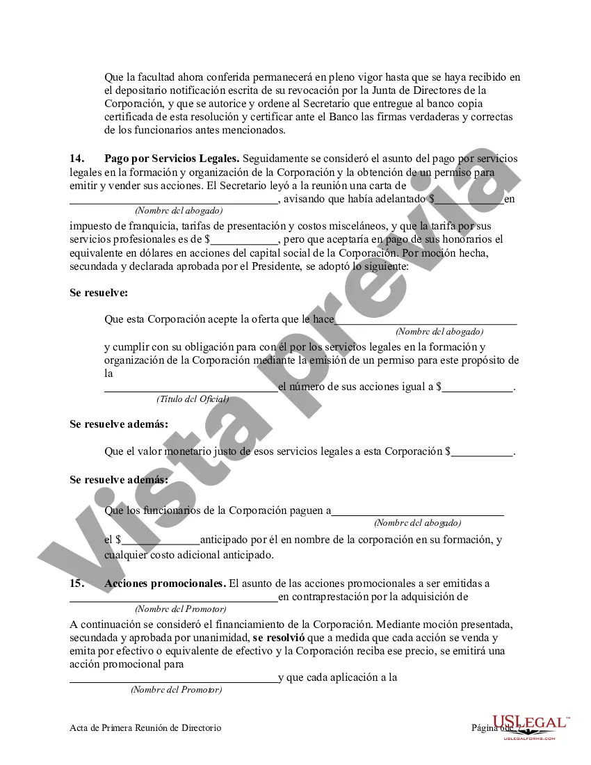 Preview Acta de Primera Reunión de la Junta Directiva de una Sociedad Anónima