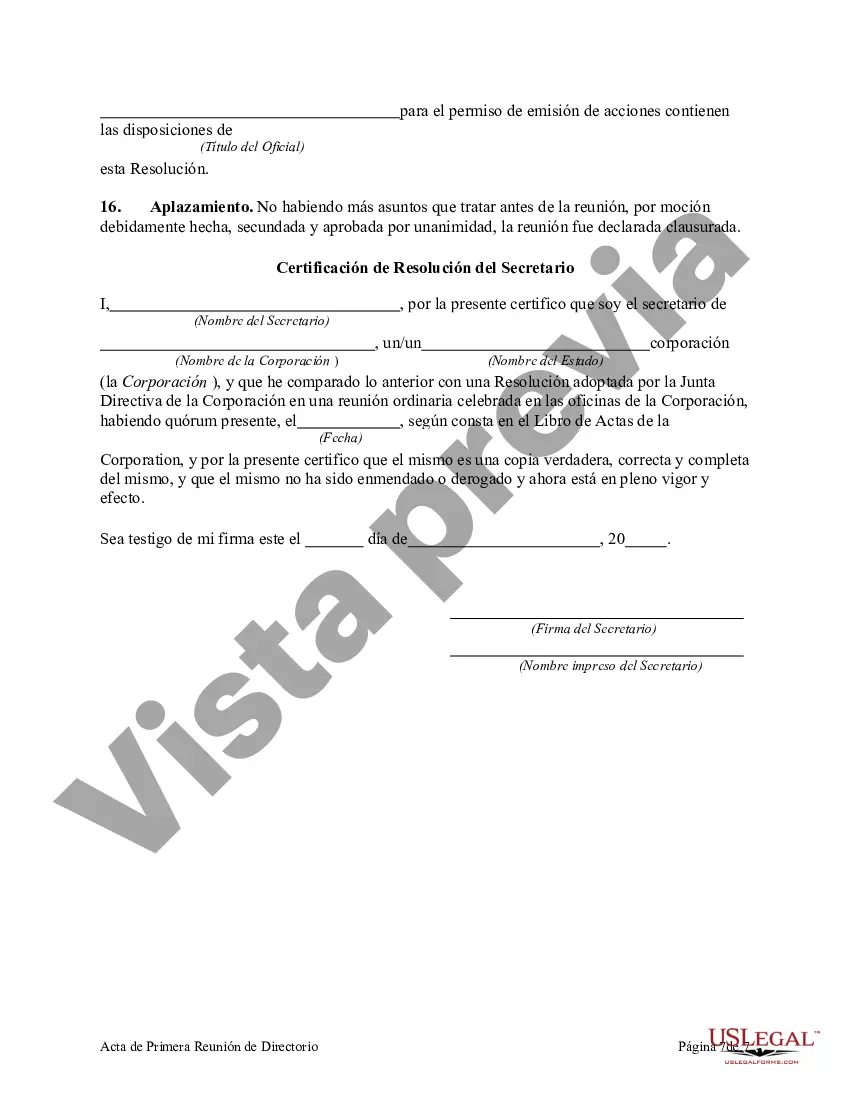 Preview Acta de Primera Reunión de la Junta Directiva de una Sociedad Anónima