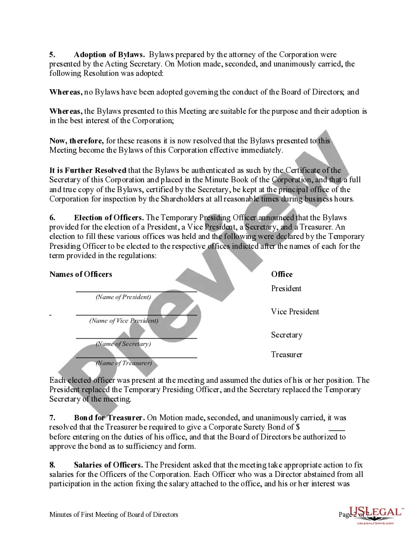 Get Minutes of First Meeting of the Board of Directors of a Corporation Preview Minutes of First Meeting of the Board of Directors of a Corporation