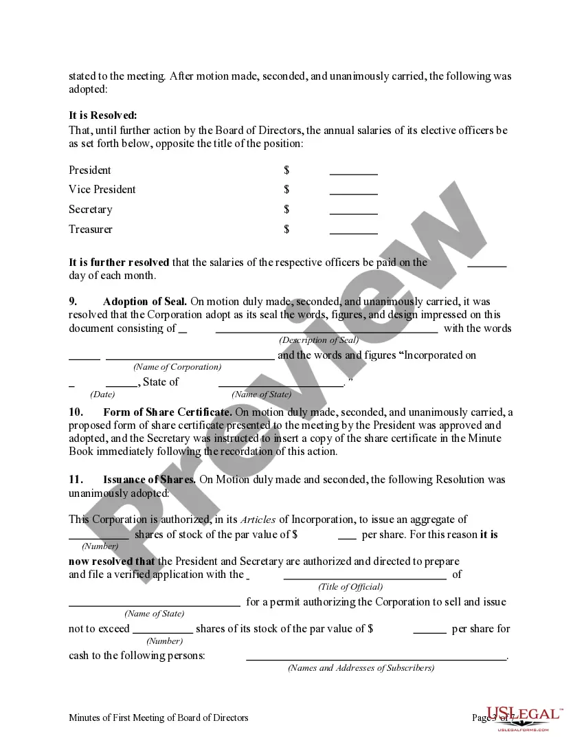 Get Minutes of First Meeting of the Board of Directors of a Corporation Preview Minutes of First Meeting of the Board of Directors of a Corporation