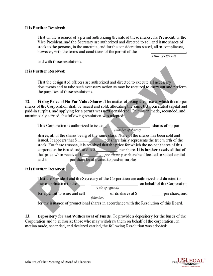 Get Minutes of First Meeting of the Board of Directors of a Corporation Preview Minutes of First Meeting of the Board of Directors of a Corporation