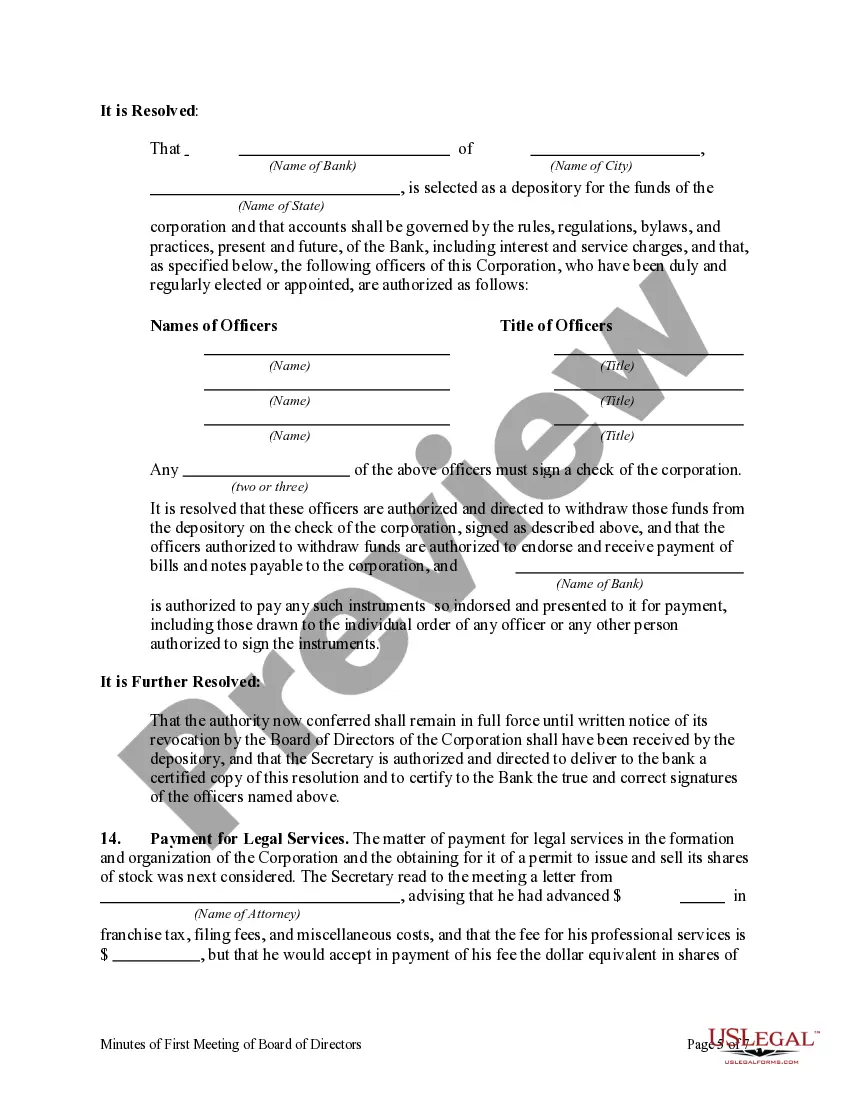 Get Minutes of First Meeting of the Board of Directors of a Corporation Preview Minutes of First Meeting of the Board of Directors of a Corporation