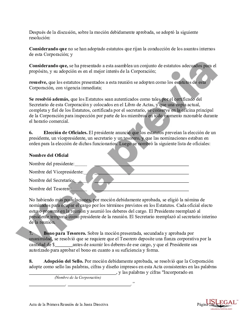 Preview Acta de la Primera Reunión de la Junta Directiva de una Corporación sin Fines de Lucro