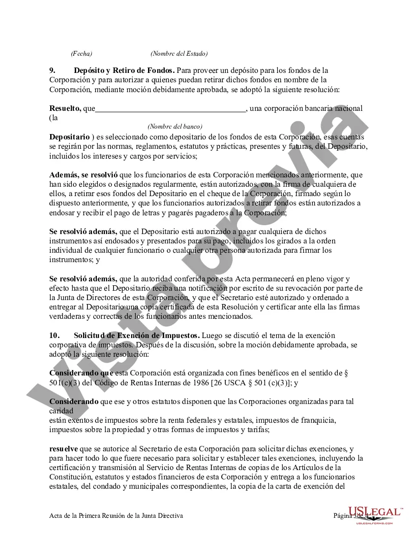 Preview Acta de la Primera Reunión de la Junta Directiva de una Corporación sin Fines de Lucro