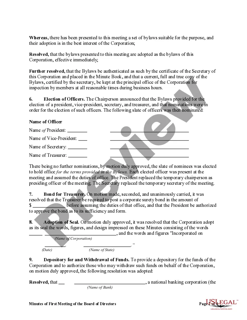 Get Minutes of First Meeting of the Board of Directors of a Nonprofit Corporation Preview Minutes of First Meeting of the Board of Directors of a Nonprofit Corporation