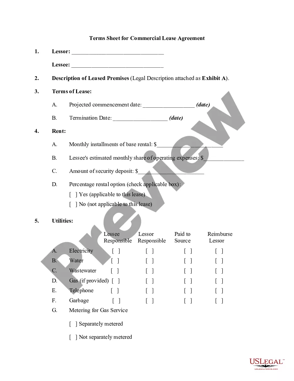 Terms Sheet for Commercial Lease Agreement Commercial Real Estate