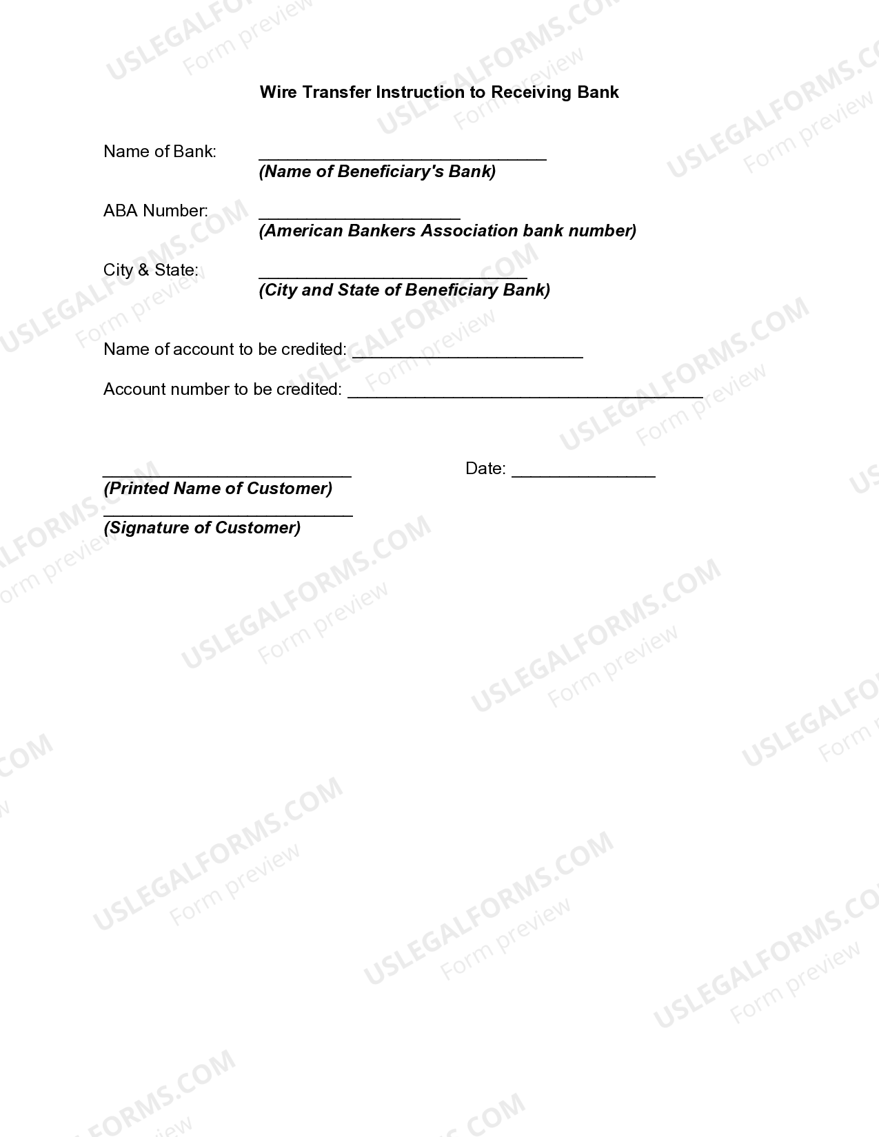 Wire Transfer Instruction to Receiving Bank US Legal Forms