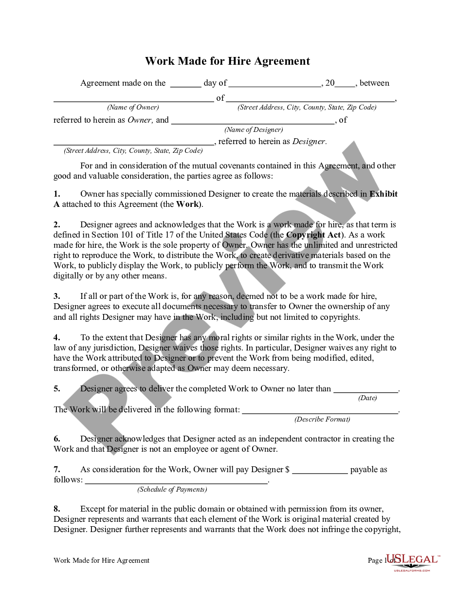 page 0 Work Made for Hire Agreement preview