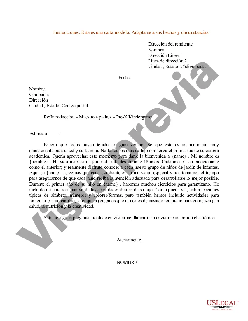 Preview Carta de muestra para la presentación del maestro a los padres - Pre-K o Kindergarten