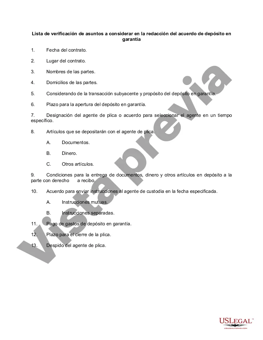 Preview Lista de verificación de asuntos a considerar en la redacción del acuerdo de depósito en garantía