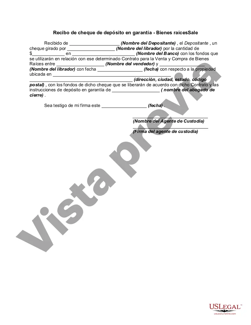 Preview Recibo de cheque de depósito en garantía - Venta de bienes raíces