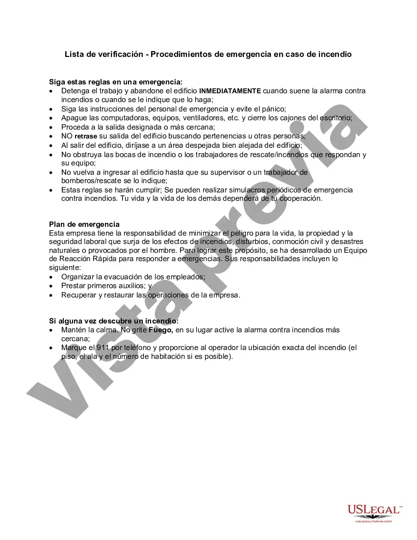 Get Lista de verificación - Procedimientos de emergencia en caso de incendio Preview Lista de verificación - Procedimientos de emergencia en caso de incendio
