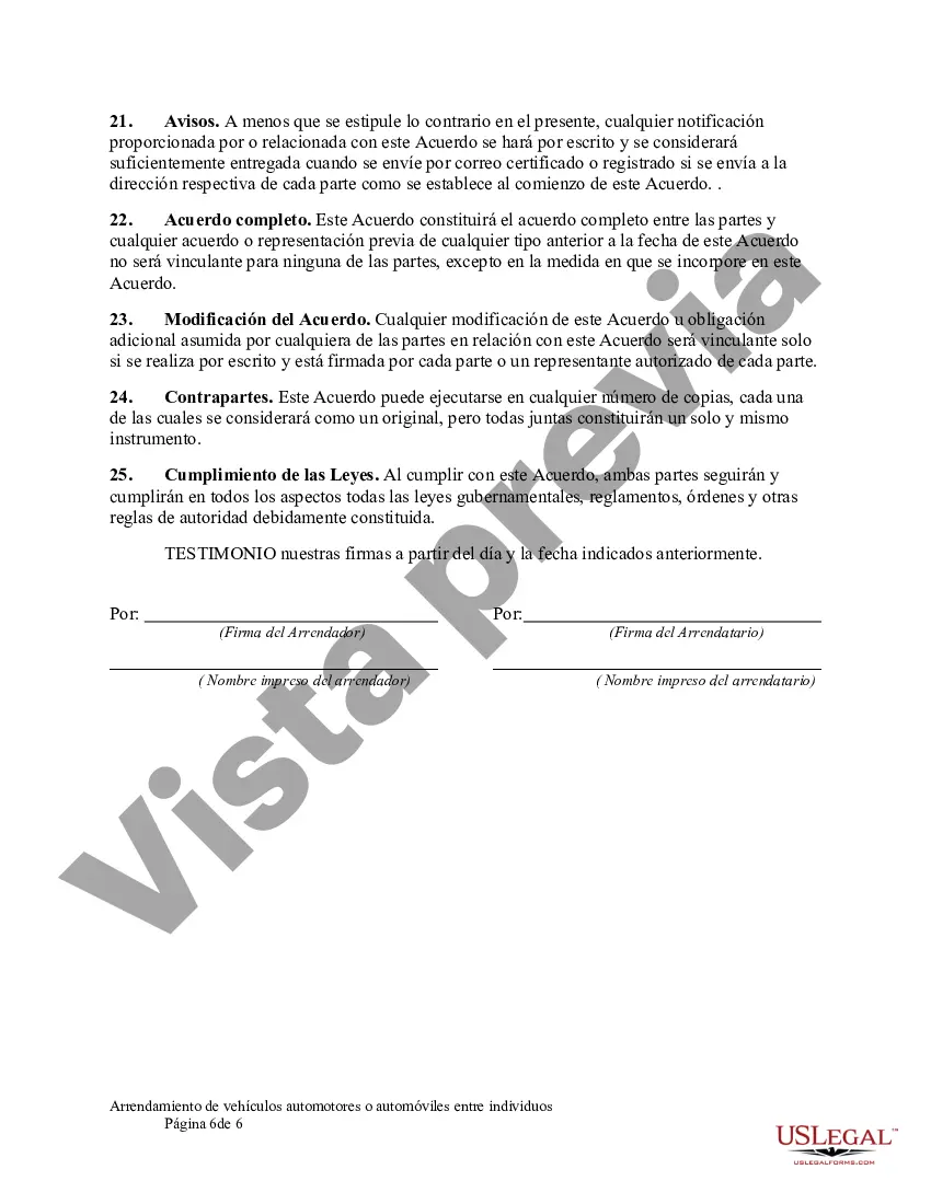 Preview Arrendamiento de vehículos automotores o automóviles entre individuos