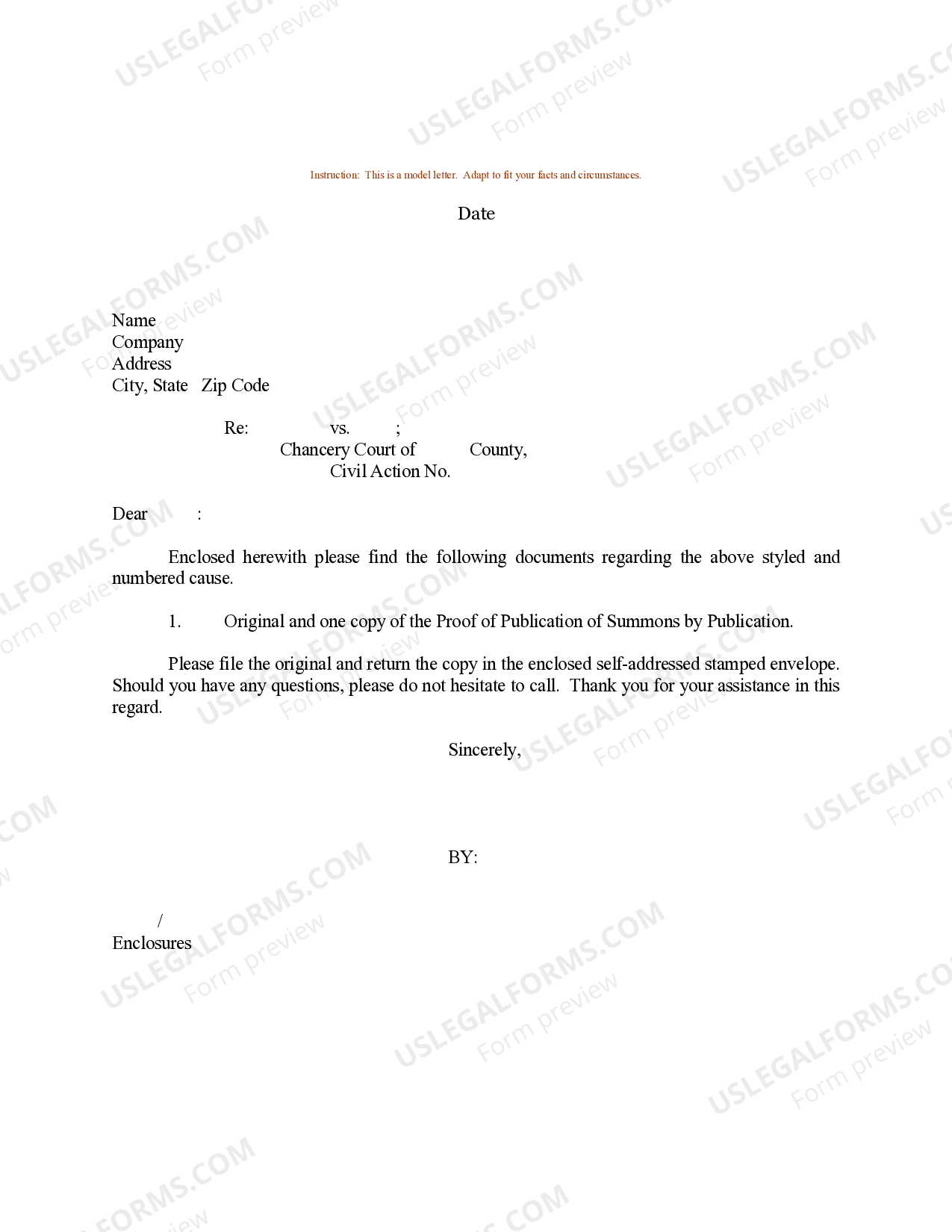 Cook Illinois Sample Letter for Proof of Publication of Summons by