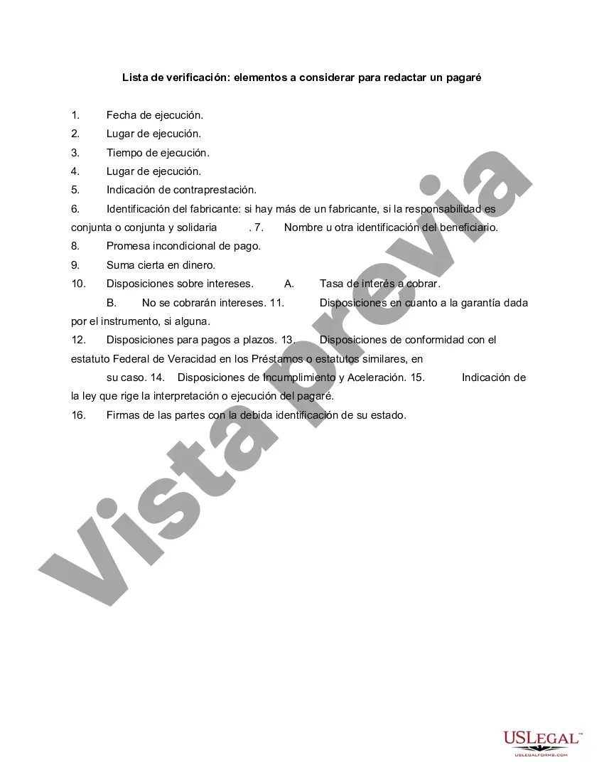 Get Lista de verificación: elementos a considerar para redactar un pagaré Preview Lista de verificación: elementos a considerar para redactar un pagaré