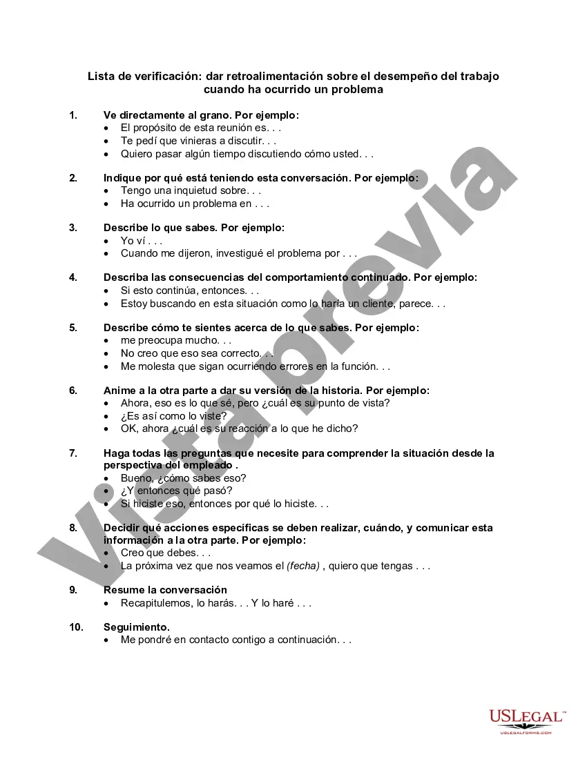 Preview Lista de verificación: dar retroalimentación sobre el desempeño del trabajo cuando ha ocurrido un problema