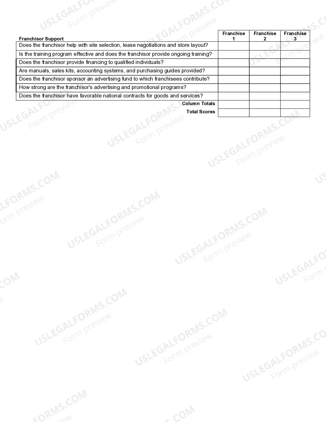 Preview Franchise Comparison Worksheet