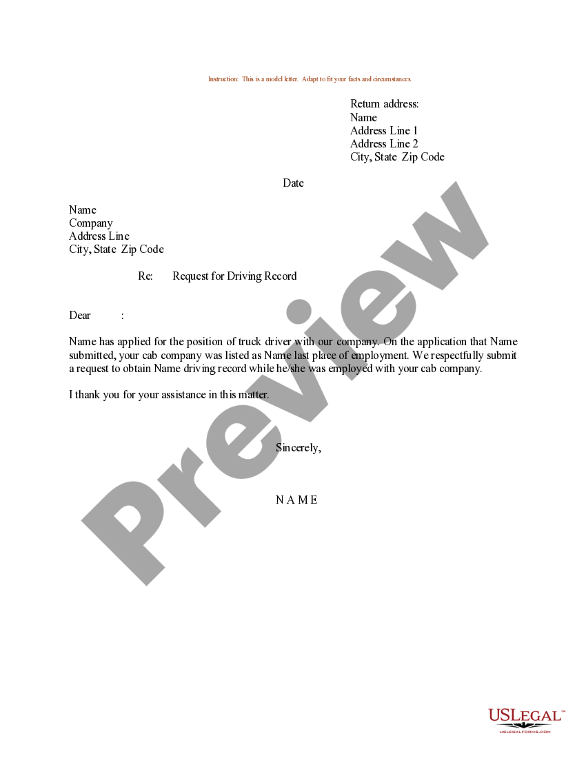 New Hampshire Sample Letter for Request for Driving Record Sample