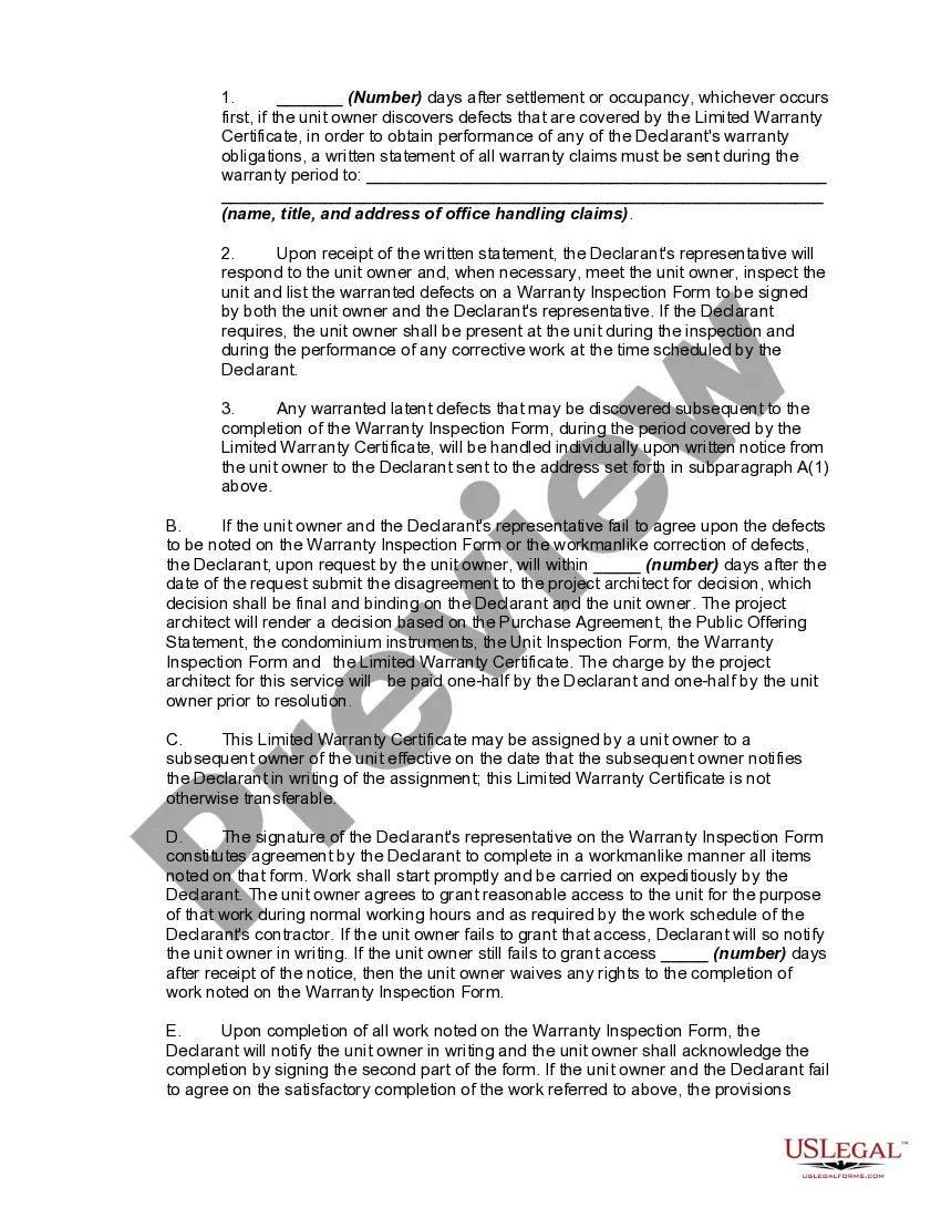 Preview Limited Warranty Certificate Issued to Owner of Condominium Unit