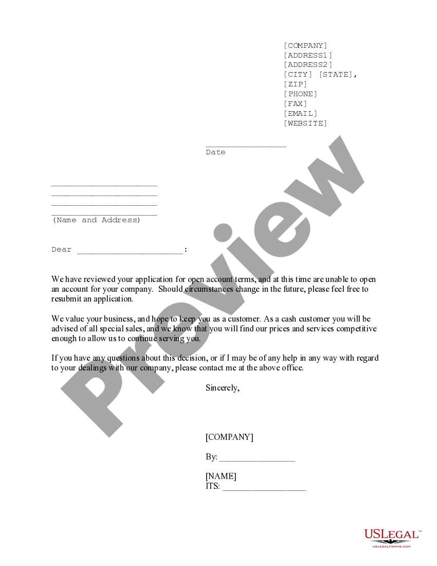 Company Credit Card Denial Letter | US Legal Forms
