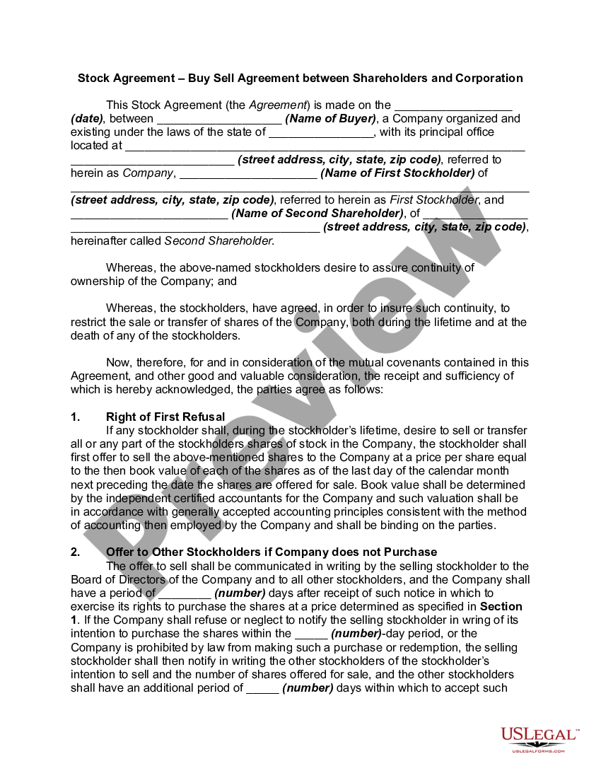 Stock Agreement - Stock Sell Shareholders | US Legal Forms