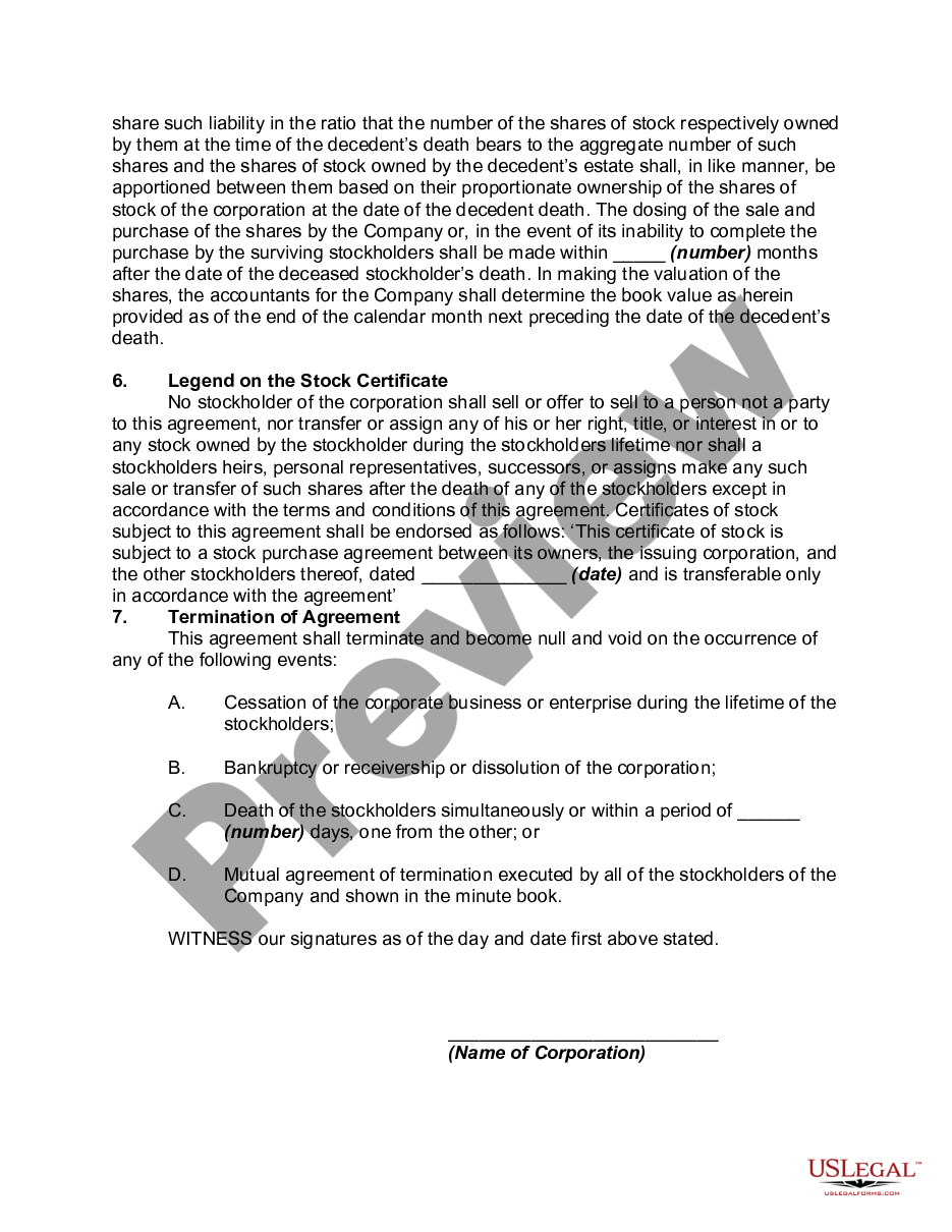 form Stock Agreement - Buy Sell Agreement between Shareholders and Corporation preview