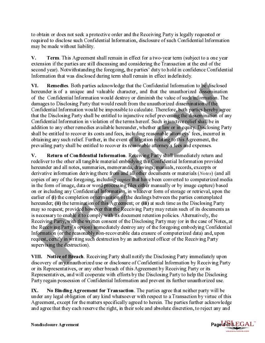 Preview Nondisclosure Agreement Regarding Purchase of Business