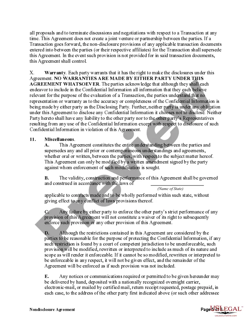 Preview Nondisclosure Agreement Regarding Purchase of Business